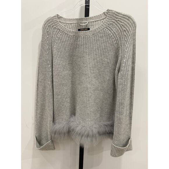 Max & MoiGray ribbed-knit sweater w/ fur trim hem Small